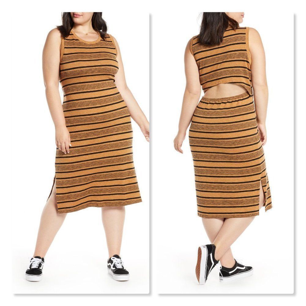 BP Stripe Tank Split Back Midi Dress size 4X in Brown/Black - NEW